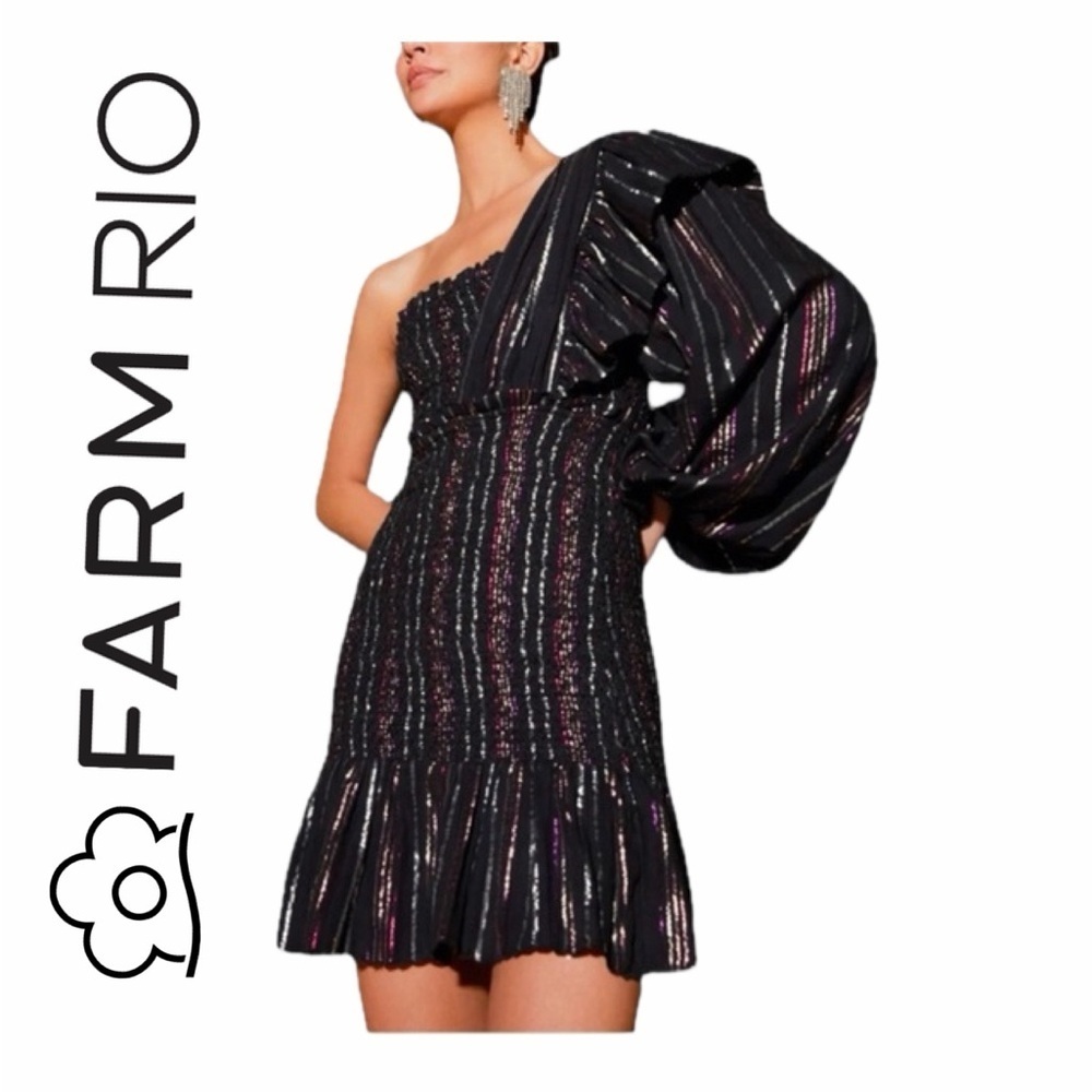 FARM Rio Mini Dress Lurexβ One-Shoulder Black/Pink Metallic Sz XS WhimsyGoth